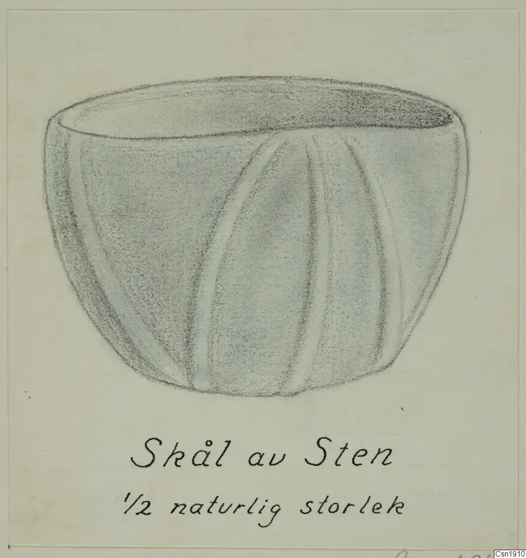 Drawing of a deep stone bowl with vertical grooves on its sides, with a handwritten caption below
