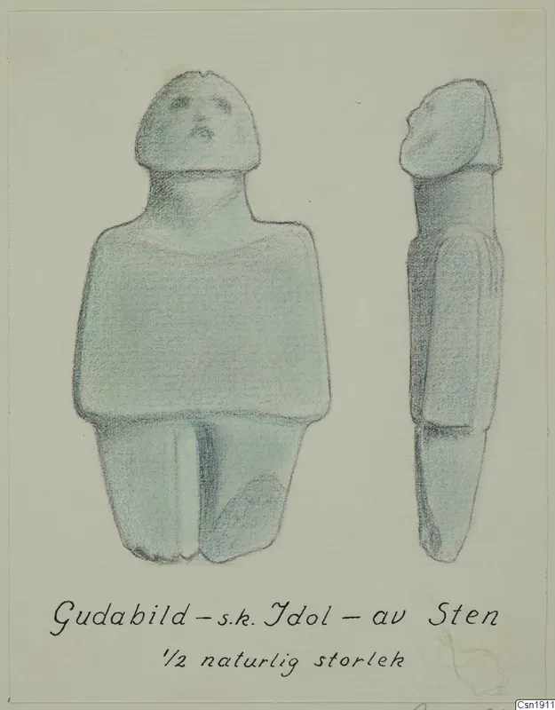 Drawing of a small standing stone figure, front and side views, with a handwritten caption below