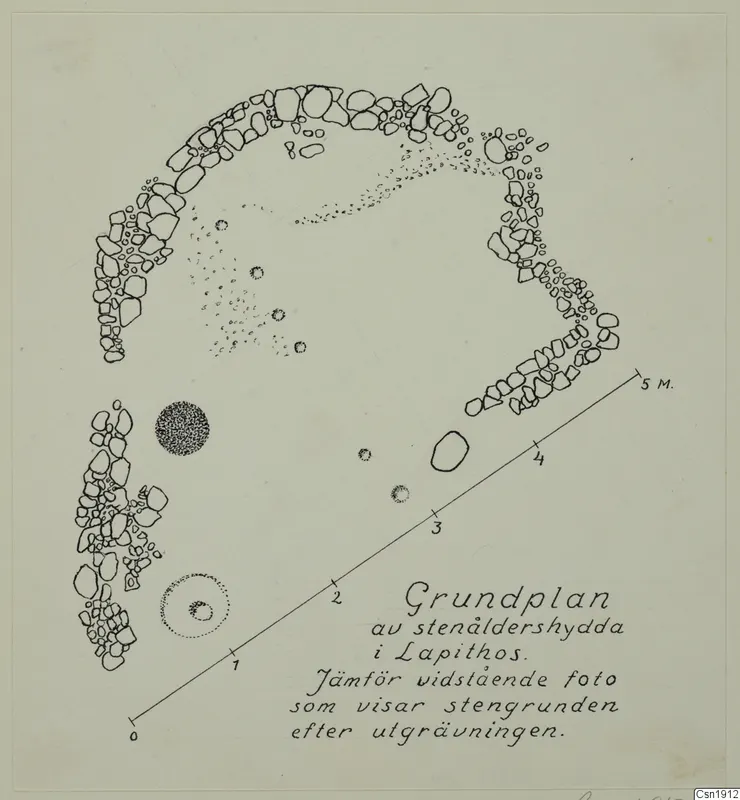 Ground plan drawing of a curved stone foundation, with a numbered scale bar.