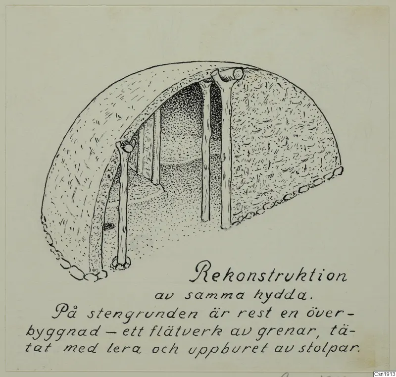 Ink drawing in cutaway view of a dome-shaped hut with upright posts and a stone base