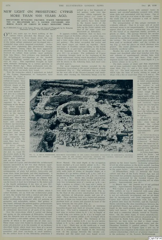 Printed page with article text above a photograph of a stone enclosure with low walls and rubble
