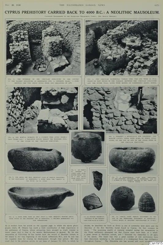 Printed magazine page of photographs of stone bowls, stone objects, pottery sherds and excavated stone walls, with captions.