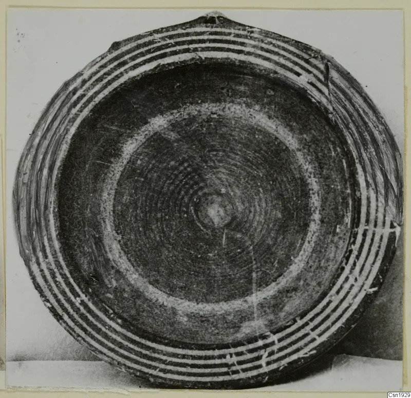 Bowl seen from above with concentric pale and dark painted bands around the rim and a ring pattern in the centre