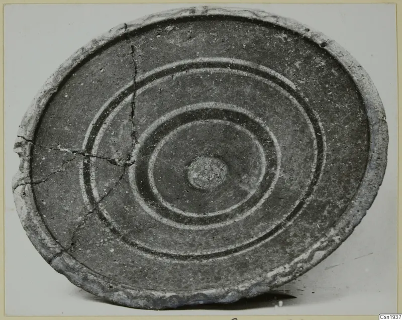 Shallow bowl seen from above, with concentric dark and pale bands around a central boss
