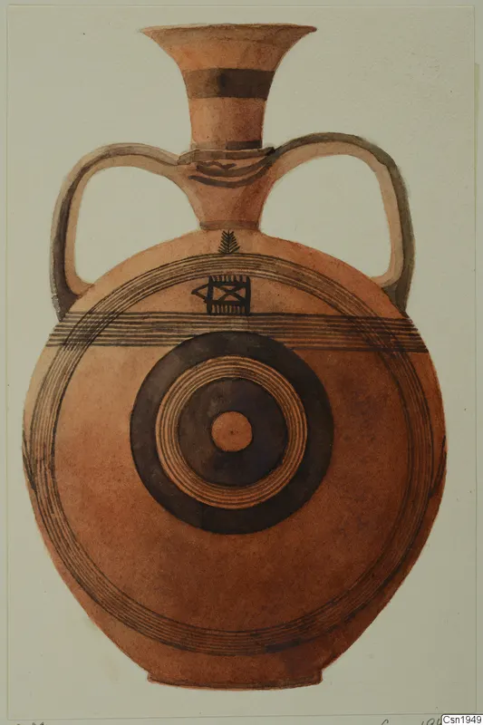 Drawing of a round two-handled painted vessel with a banded neck and concentric rings on its body