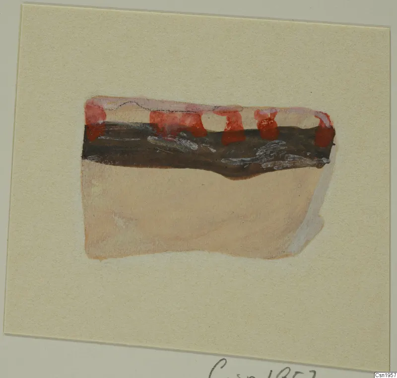 Painted sherd with red and black bands over a pale buff body, shown on a cream card.