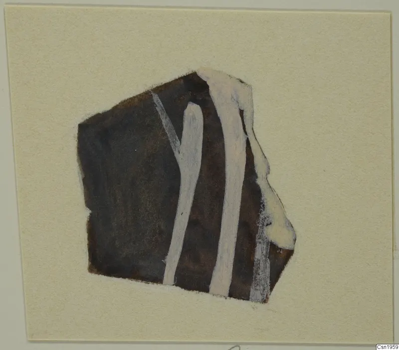 Pottery sherd with a dark brown-black surface and white painted stripes, shown on a cream card