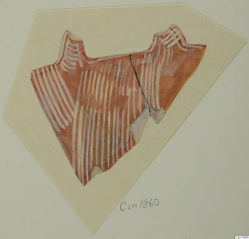 Fragment of a painted pottery sherd with white stripes on a red-orange ground, mounted on cream card.