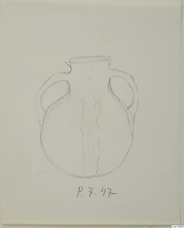 Pencil drawing of a two-handled jar with a rounded body, a short flared neck and a handwritten number label below.