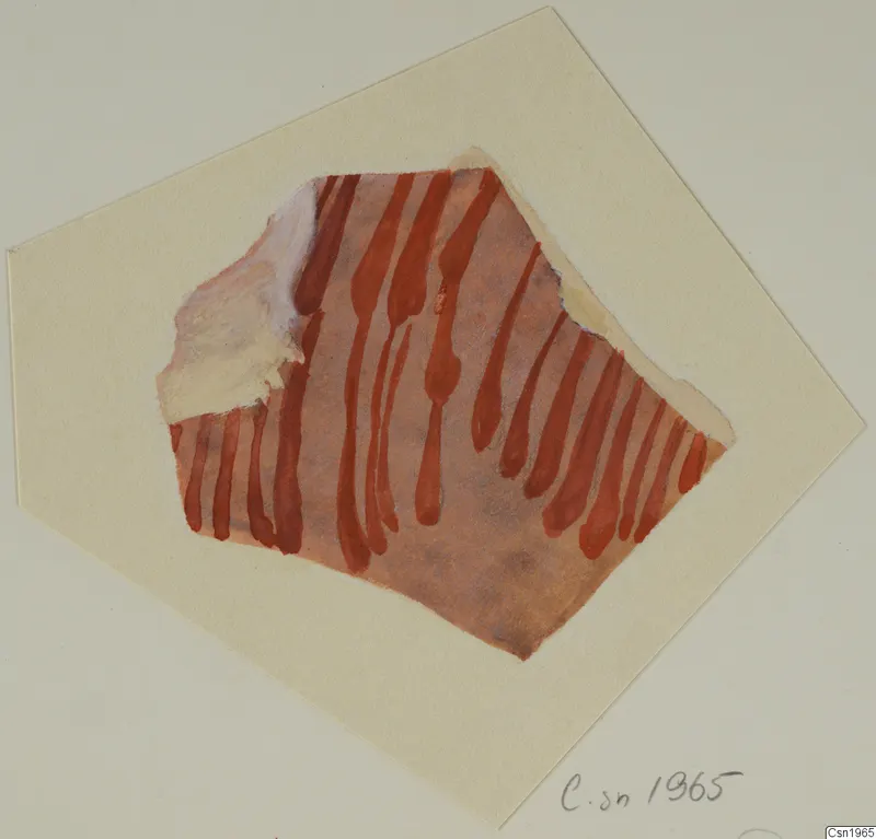 Painted drawing of a pottery sherd with red vertical bands on an orange-buff ground