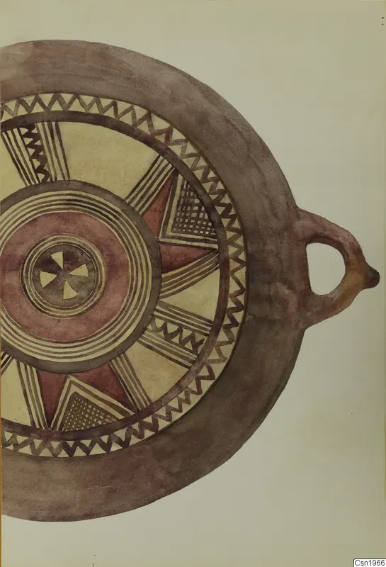 Drawing of a Black Slip Bichrome dish with a loop handle and radiating panels in brown and red