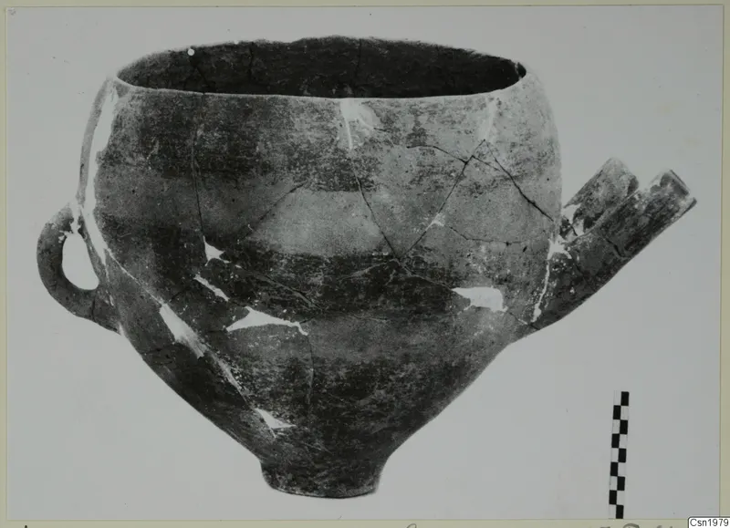 Pottery Reserved Ware vessel from Vounous 161, with a loop handle and a tubular projection