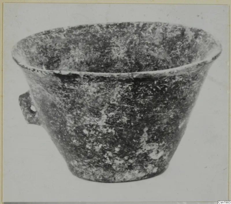 Bowl with a flared rim and a small handle with a hole on one side, seen from the side