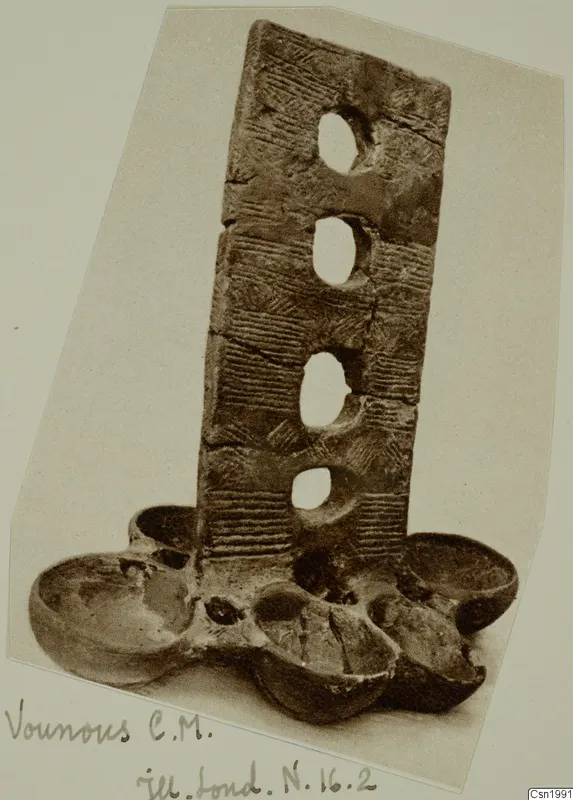 Red Polished III amphora from Vounous: a tall flat pottery piece with four round holes and bowl-like forms at its base
