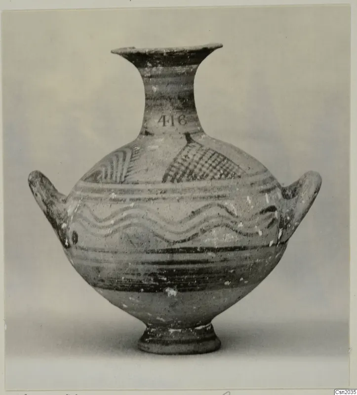 White Painted I amphora with two handles and a flared neck, shown against a grey backdrop