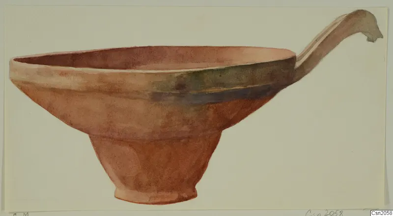 Drawing of a Base-Ring Ware bowl with a tall, curved handle, side view