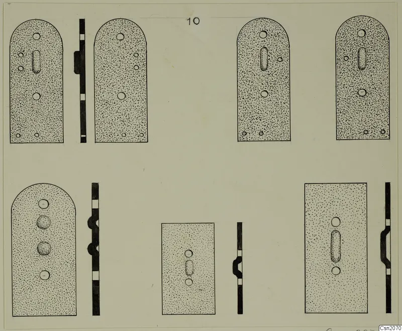 Drawing of seven flat metal plates, shown in plan with side profiles, with small holes and stippled shading