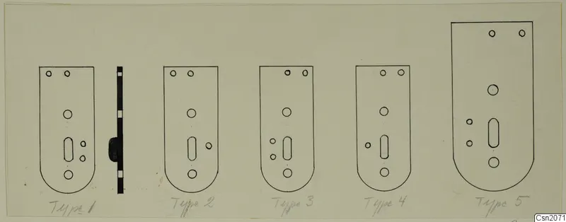 Drawing of five flat iron plates, labelled as types beneath, with rounded lower ends and small holes and slots.