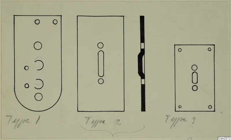 Drawing of three flat plate shapes with holes and slots, marked with handwritten type labels