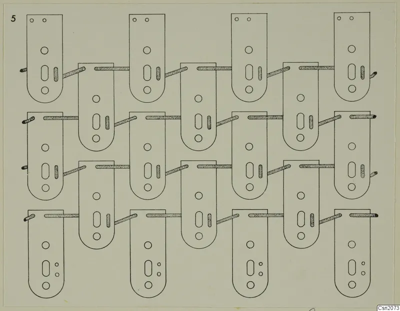 Drawing of iron weapons: sixteen flat plates with slots and holes, arranged in staggered rows and linked by shaded rods.