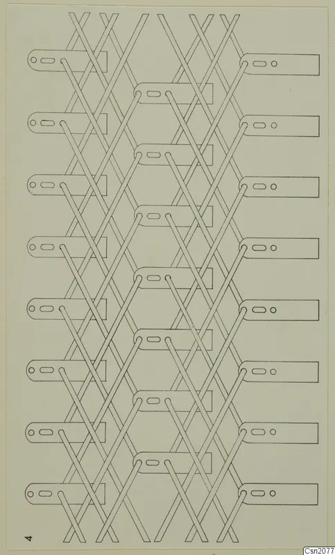 Line drawing of iron weapon parts: rows of slotted strips laced together by crossing diagonal lines