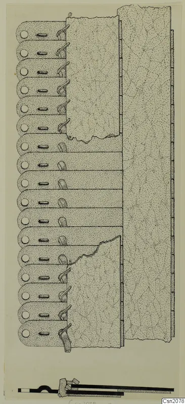Drawing of corroded iron weapon fragments: rows of rounded plates with holes and hooked clips, with a scale bar below.