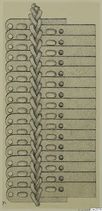 Reconstruction drawing of a brynja (mail shirt) from Amathus, showing rows of overlapping plates and a central braided cord.