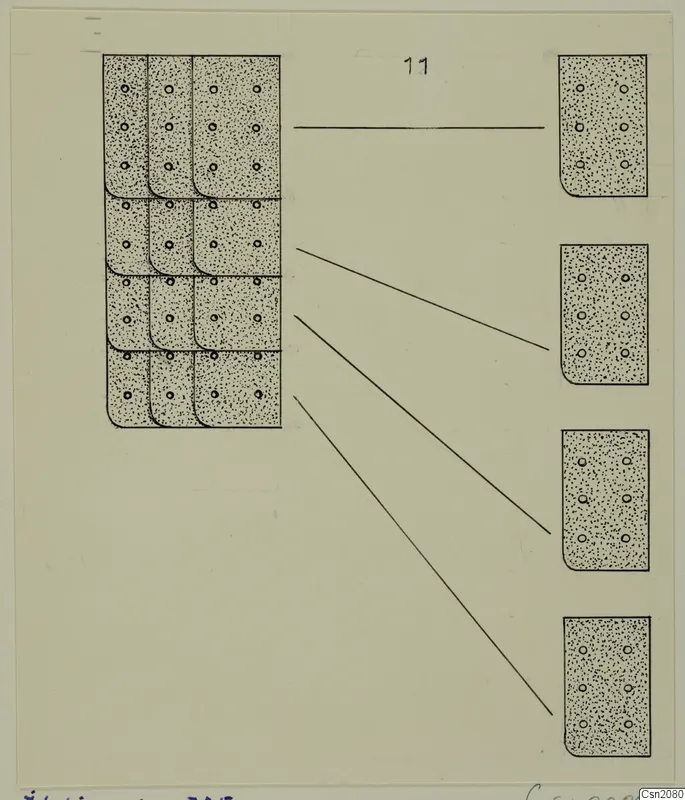 Drawing of iron plates from Idalion: a block of twelve pierced plates, with four plates on the right linked to it by lines