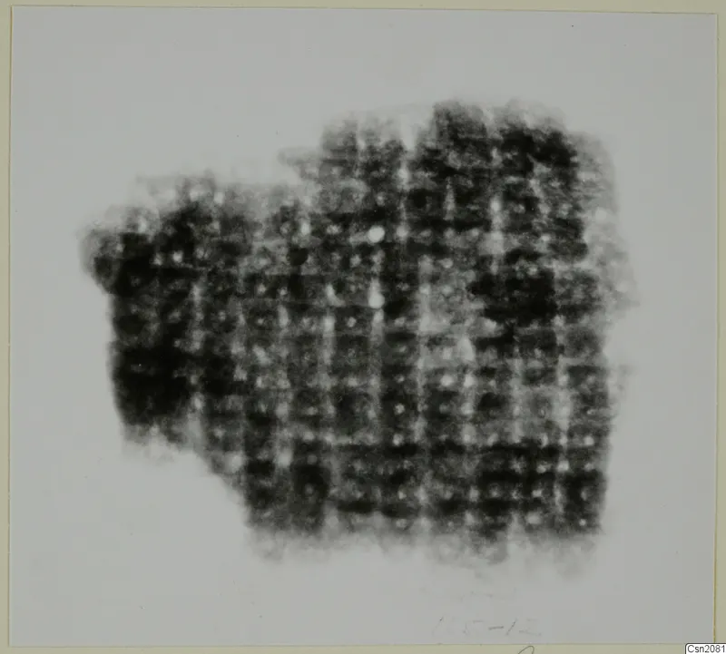 Blurred photograph of a dark, irregular metal mass with a grid-like pattern, possibly iron weapon fragments