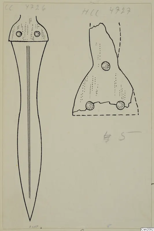 Drawing of two iron weapons: a long dagger on the left and a broken fragment with rivets on the right