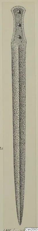 Stippled drawing of an iron sword with a long tapering blade and a hilt with three rivets