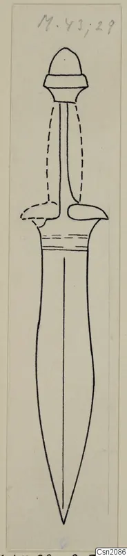 Field drawing of an iron weapon with a rounded pommel, crossguard and tapering blade