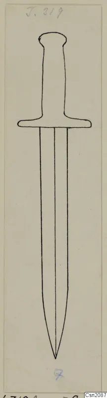 Drawing of an iron short sword with a tapered blade, crossguard and rounded handle