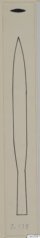 Drawing of an iron weapon with a long leaf-shaped blade and a narrow tang