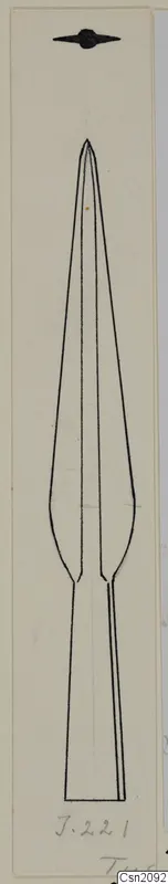 Drawing of an iron spearhead with a long tapering blade and a narrow socket