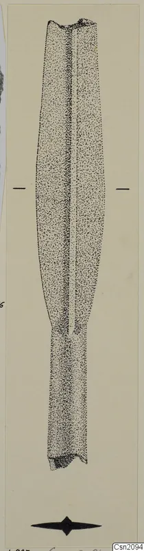 Drawing of an iron weapon blade with a central ridge and a narrow tang