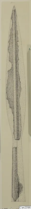 Stippled ink drawing of an iron weapon with a long, narrow, leaf-shaped blade and a tang