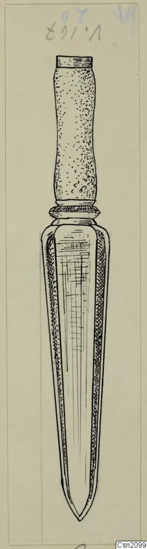 Field drawing of an iron butt-spike from Vouni, a long tapering blade with a collar and cylindrical handle