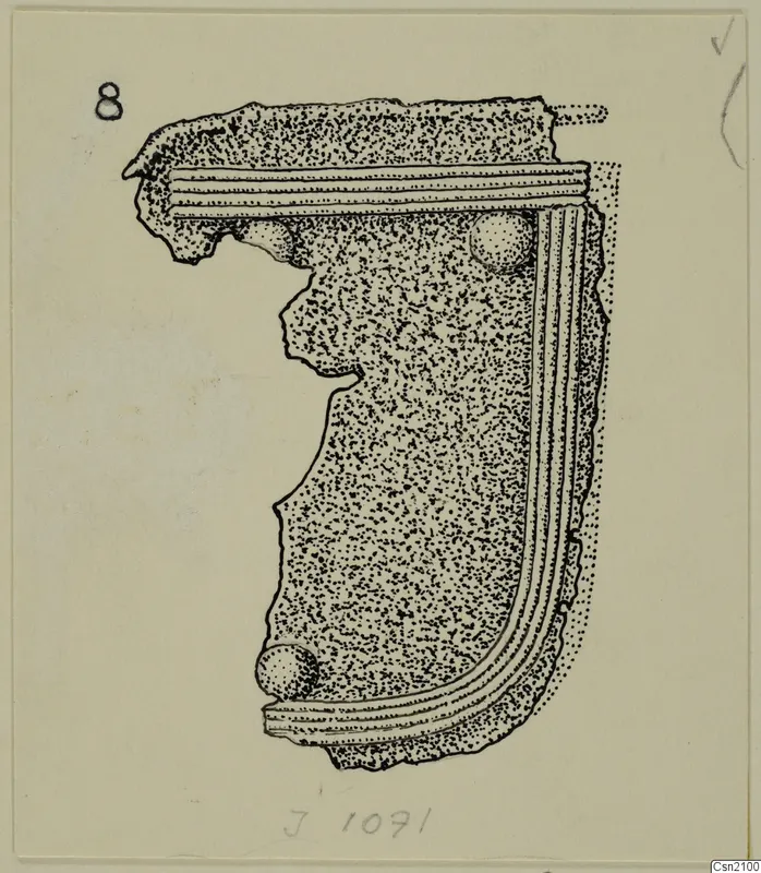 Ink drawing of a stippled stone fragment with raised moulded bands along two edges and round knobs.