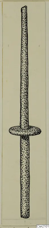 Drawing of an iron object: a long slender rod with a disc-shaped collar, from the Lapithos Kastros tombs