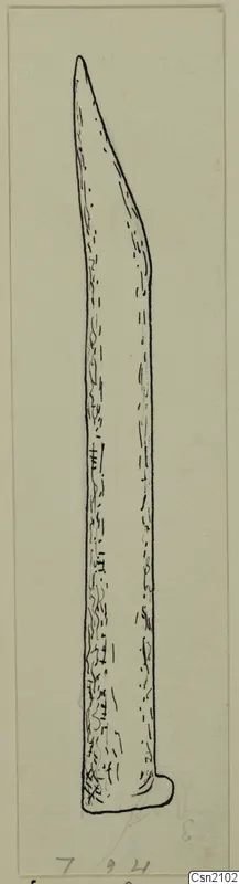 Drawing of an iron blade with a pointed, curved tip and a short tang at the base