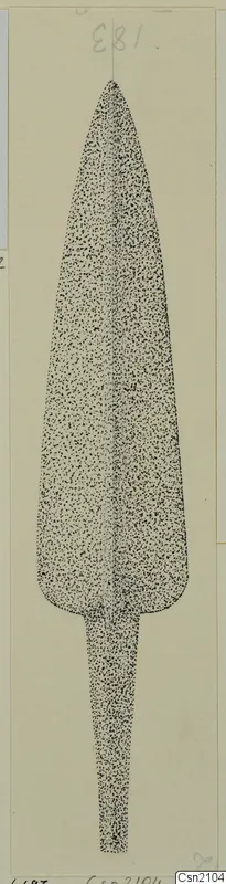 Drawing of an iron weapon: a leaf-shaped blade with a long tapering tang, shown upright.