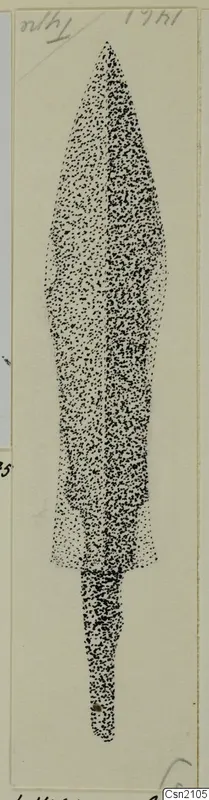 Stippled drawing of an iron weapon, a leaf-shaped blade with a narrow tang.