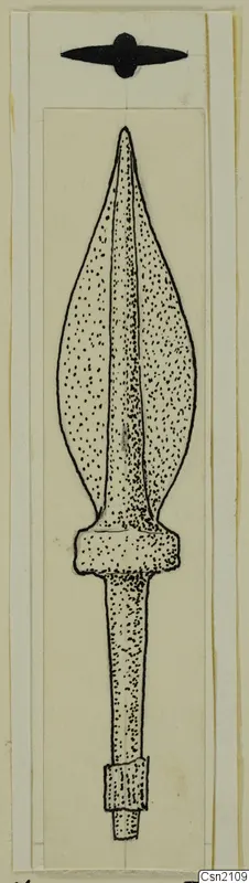 Drawing of an iron weapon: a leaf-shaped spearhead with a collar and a narrow socket