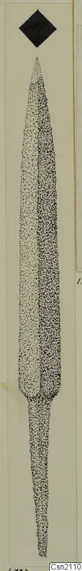 Stippled drawing of a long iron weapon blade with a narrow tang, pointing upward on a cream sheet.