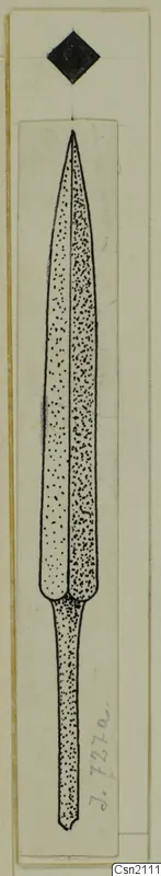 Drawing of an iron weapon blade with a long, narrow tang, point at the top