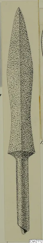 Drawing of an iron weapon with a long leaf-shaped blade and a narrow tang, shown upright