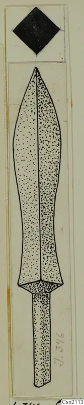 Drawing of an iron weapon with a leaf-shaped blade and a narrow tang, on a card mount