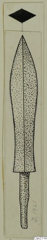 Drawing of an iron weapon: a leaf-shaped blade with a central ridge and a narrow tang at the base