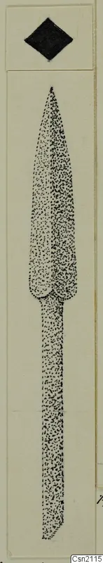 Stippled drawing of an iron weapon: a long pointed blade with a narrow tang, from Ayia Irini